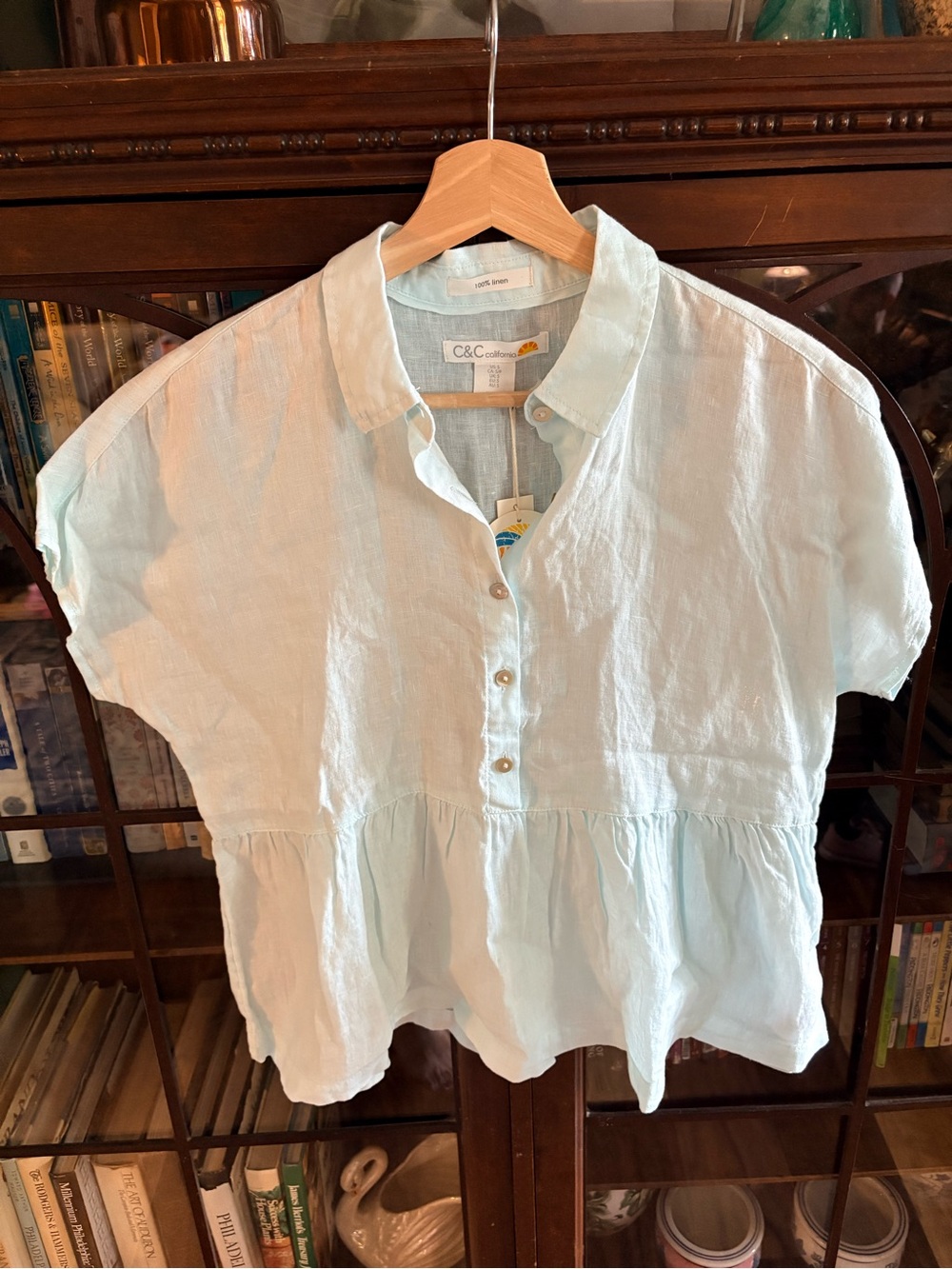 C&C California Blue Linen Peplum Short Sleeve Blouse NWT